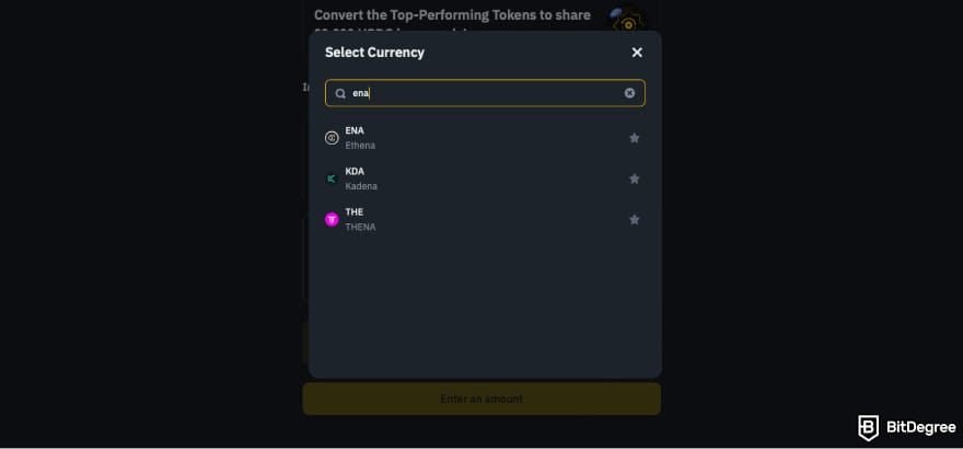 How to Buy ENA: find ENA on Binance crypto conversion window.