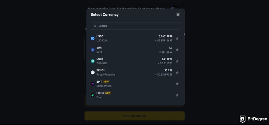 How to Buy ENA: select crypto to convert to ENA on Binance.