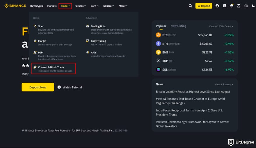 How to Buy ENA: click Convert & Block Trade on Binance.
