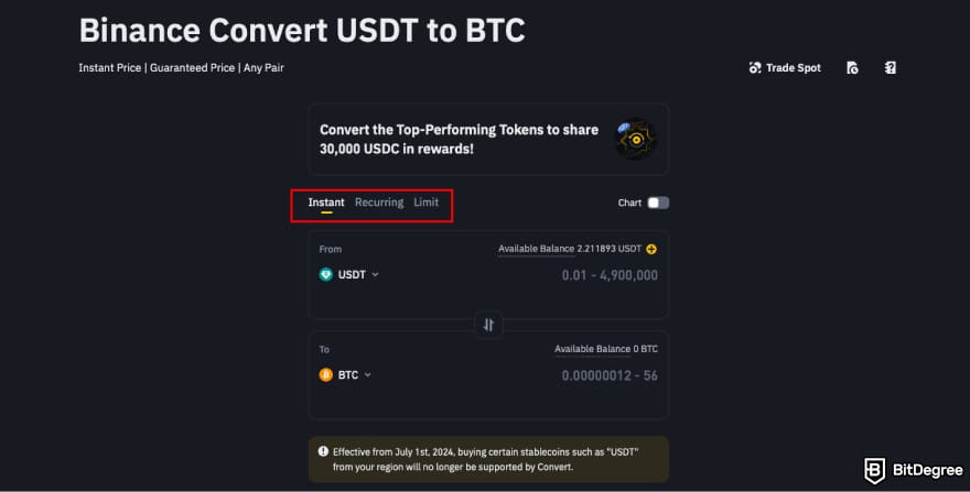 How to Buy ENA: select conversion order type on Binance.