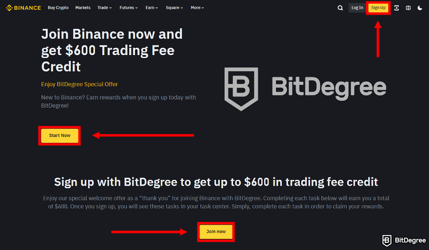 How to buy ENA: the BitDegree affiliate landing page on Binance with the Sign up buttons highlighted.