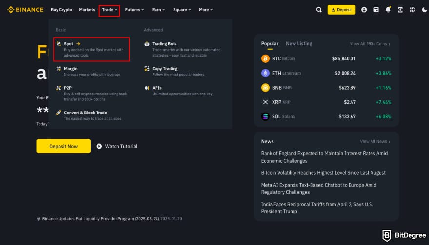 How to Buy ENA: click Trade and Spot on Binance.