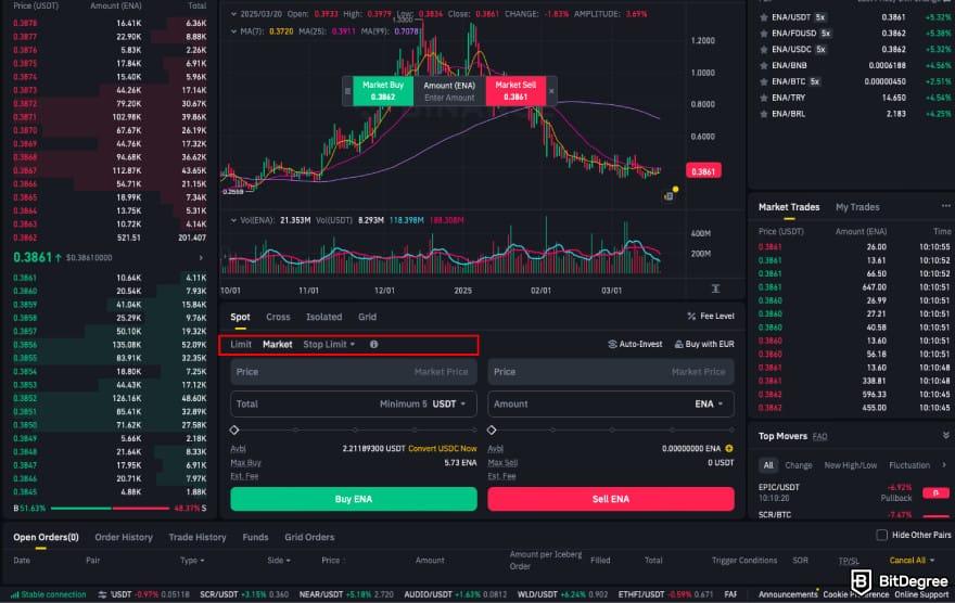 How to Buy ENA: choose spot trading order type on Binance.