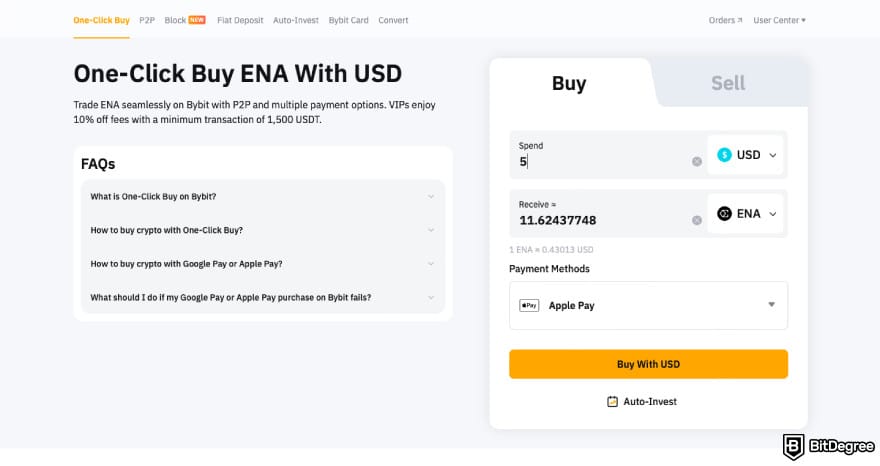 How to Buy ENA: enter the amount of ENA on Bybit's One-Click Buy window.