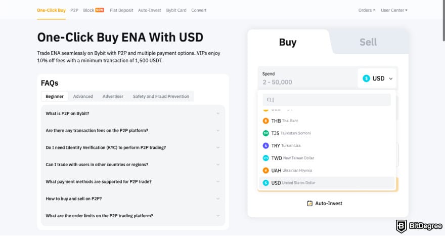 How to Buy ENA: select fiat currency on Bybit.