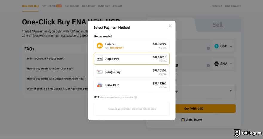 How to Buy ENA: select payment method on Bybit.