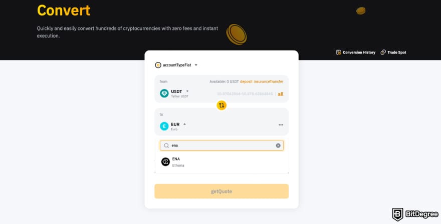 How to Buy ENA: find ENA on Bybit's conversion window.
