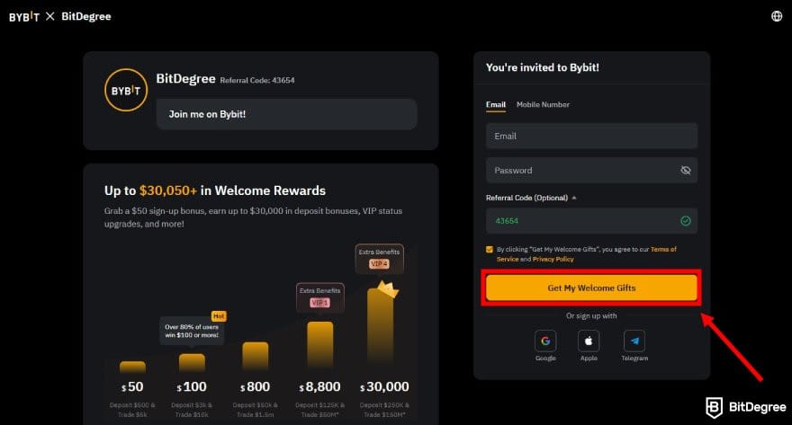 How to buy ENA: the BitDegree affiliate landing page on Bybit.
