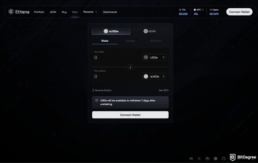 How to buy ENA: a screenshot of the Ethena staking feature.
