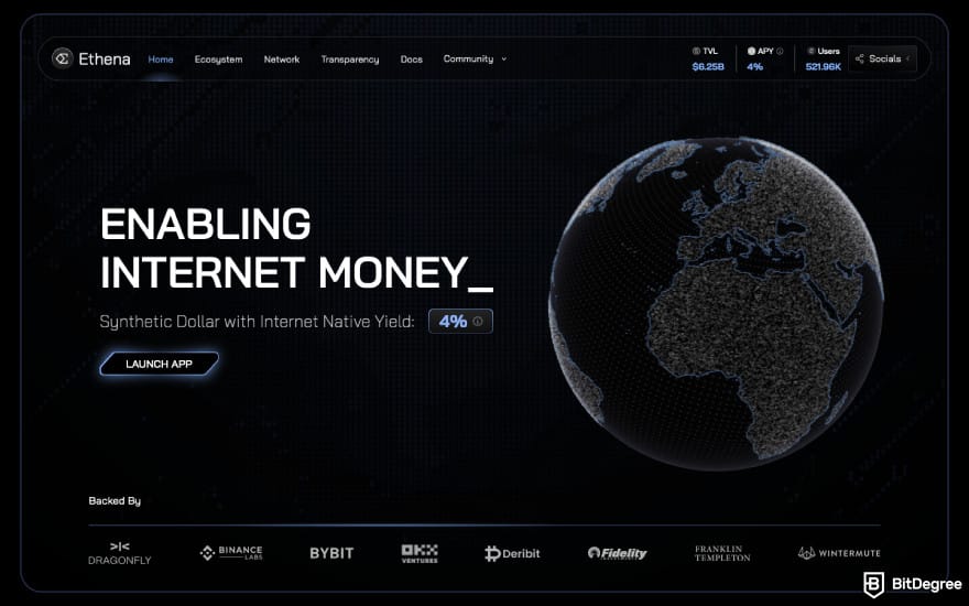 How to buy ENA: a screenshot of the Ethena homepage.