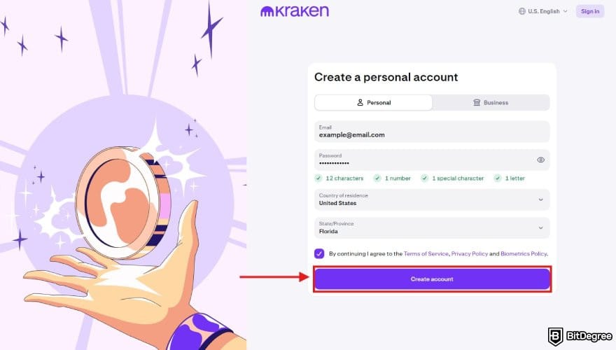 How to buy ENA: the sign up page on Kraken with the Create account button highlighted.
