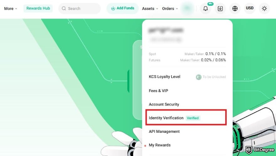How to buy ENA: a part of KuCoin's homepage with the identity verification menu highlighted.