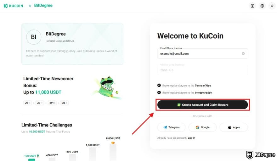 How to buy ENA: BitDegree's affiliate landing page on KuCoin.