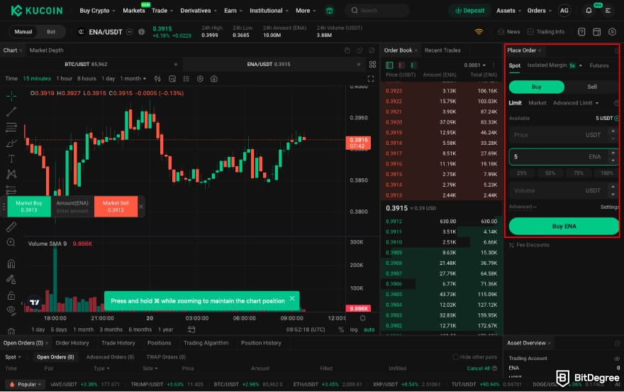 How to Buy ENA: click Buy ENA on KuCoin's spot trading platform.