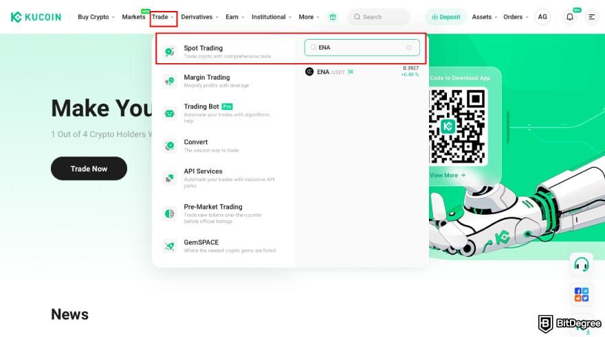 How to Buy ENA: click Spot Trading on KuCoin and find ENA.