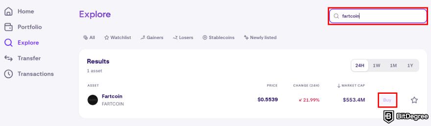 How to buy Fartcoin: the Buy button on the Explore page.
