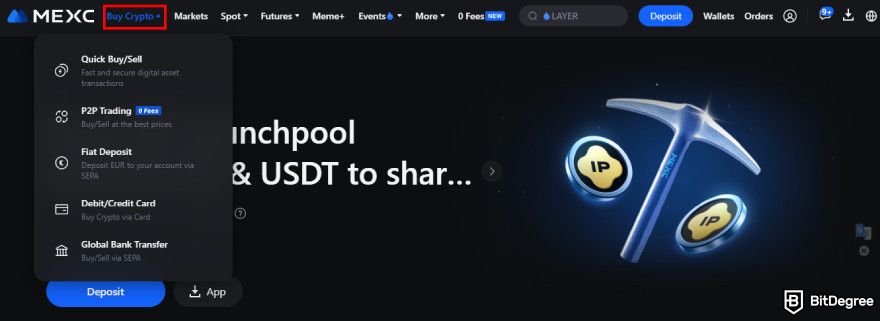 How to buy Fartcoin: Buy Crypto dropdown menu.