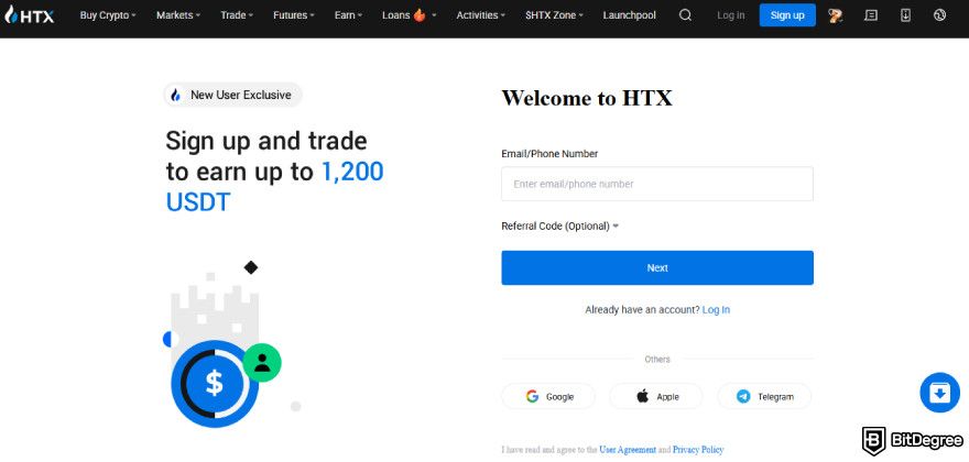 How to buy Fartcoin: HTX sign up page.