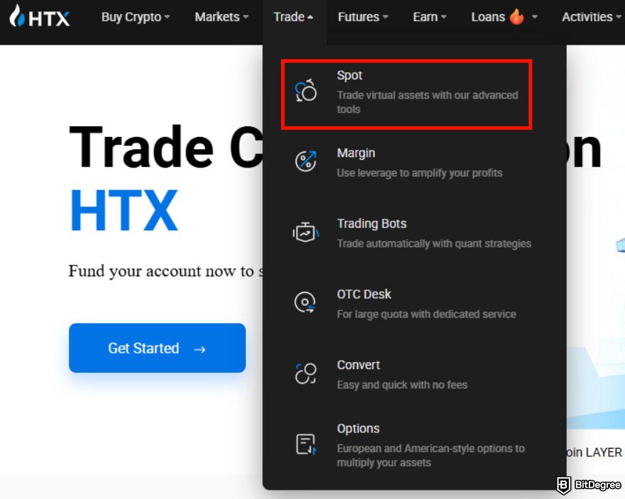 How to buy Fartcoin: Trade dropdown menu.