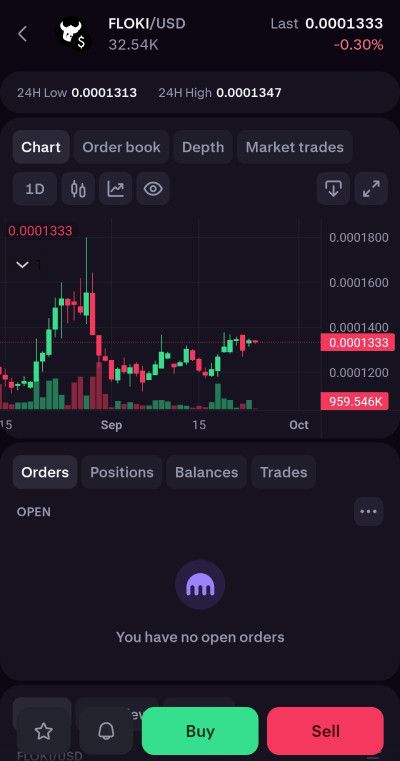 How to Buy Floki: FLOKI/USDT page on Kraken app.