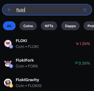 How to Buy Floki: search bar on Coinbase Wallet.