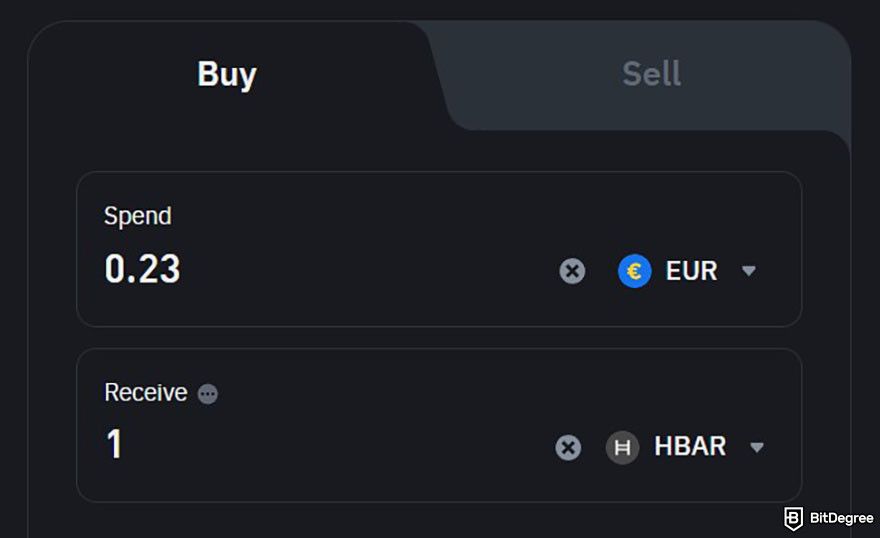 How to buy Hedera: the buy order form on Binance showing EUR and HBAR.