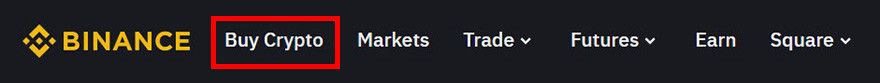 How to buy Hedera: Binance navigation menus with the Buy Crypto menu highlighted.