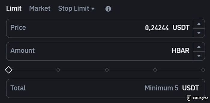 How to buy Hedera: the buy order form for Binance's limit order.