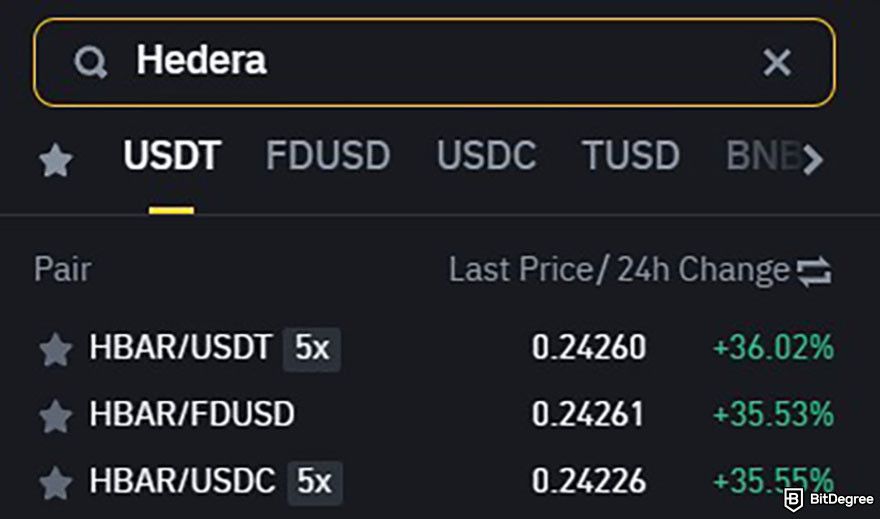 How to buy Hedera: the search results for Hedera trading pairs on Binance.