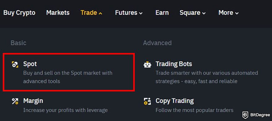 How to buy Hedera: Binance website's navigation menus with the Spot menu highlighted.