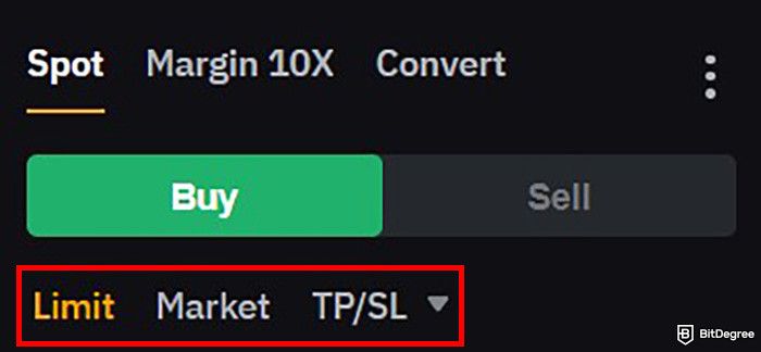 How to buy Hedera: a part of Bybit's trading interface with the order type options highlighted.