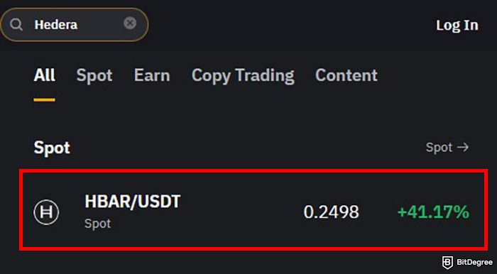 How to buy Hedera: the search result for Hedera with the HBAR/USDT pair highlighted.