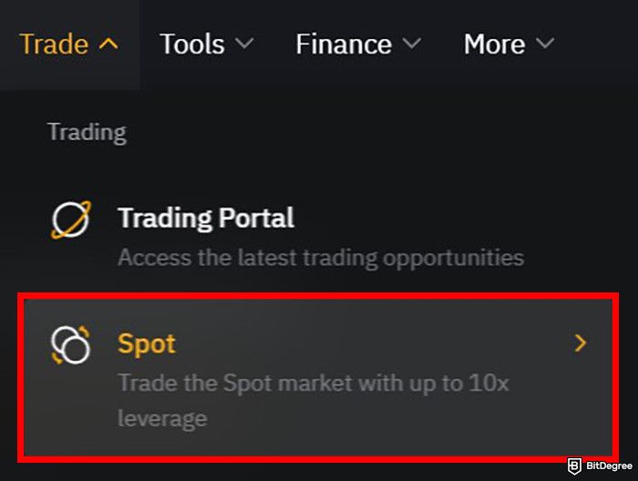 How to buy Hedera: some of the navigation menus on Bybit with the Spot menu highlighted.