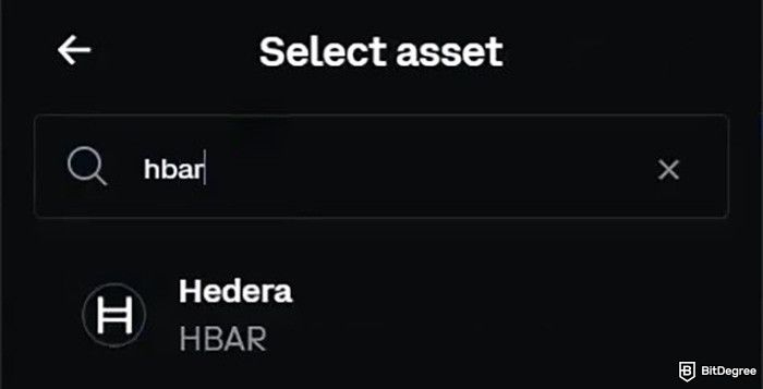 How to buy Hedera: the search results for HBAR on Coinbase.