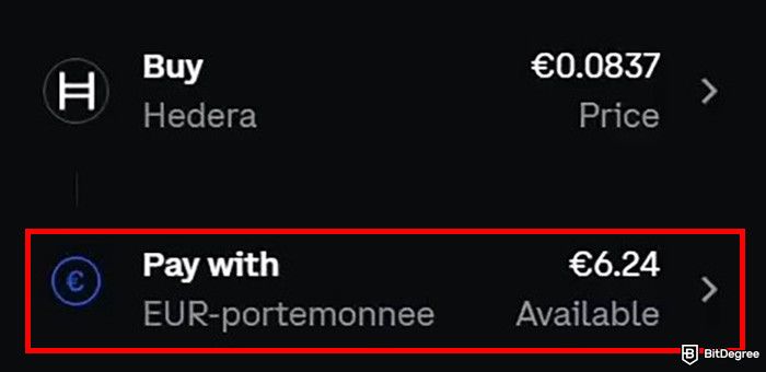 How to buy Hedera: the currency selection section when buying crypto on Coinbase with the Pay with EUR section highlighted.