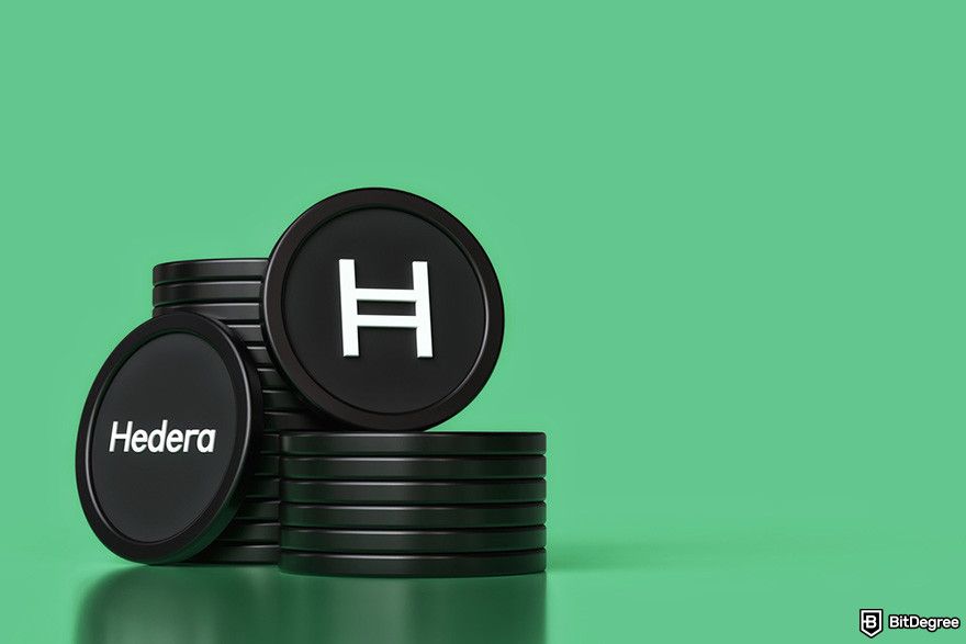 How to buy Hedera: stacks of black Hedera coins.