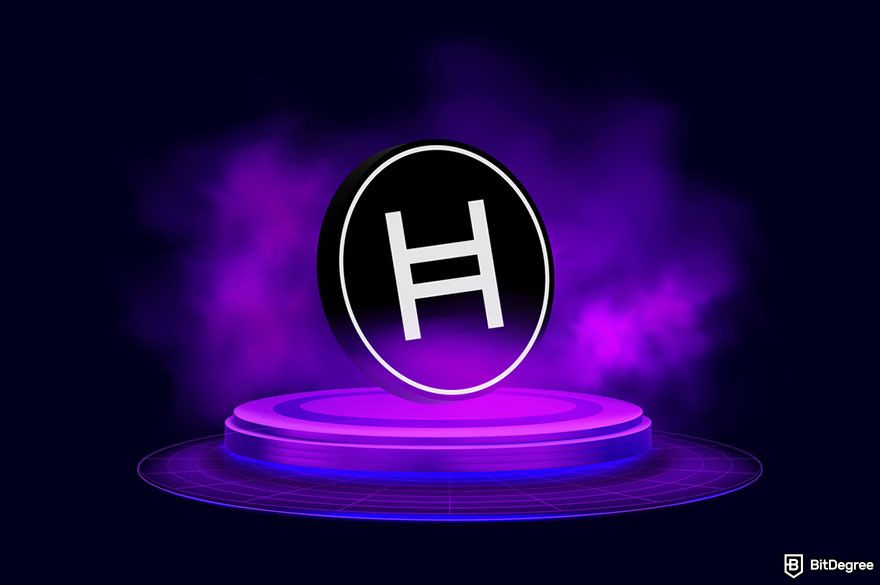 How to Buy Hedera: a black HBAR coin on a glowing purple surface surrounded by purplish haze.