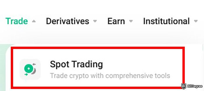 How to buy Hedera: the navigation menus on KuCoin's website with the Spot Trading menu highlighted.