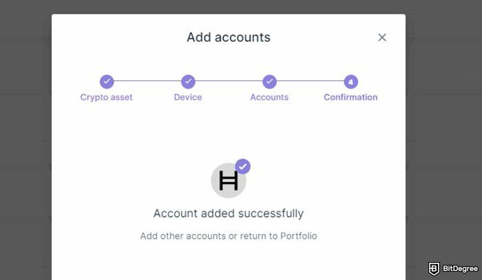 How to buy Hedera: the message shown when successfully adding an account to Ledger Live.