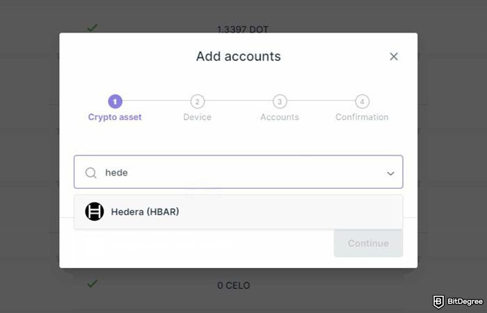 How to buy Hedera: the search result for Hedera when adding a new account on Ledger Live.