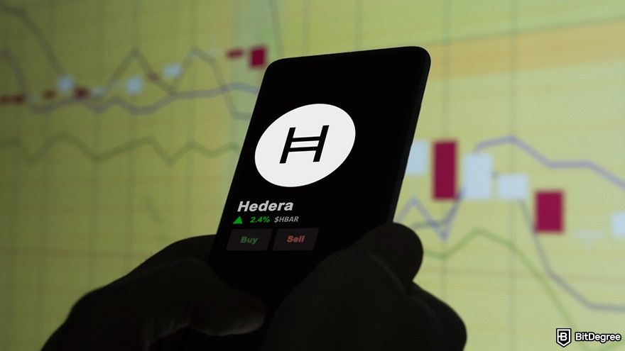 How to buy Hedera: two hands holding a phone displaying Hedera logo in front of a price chart.