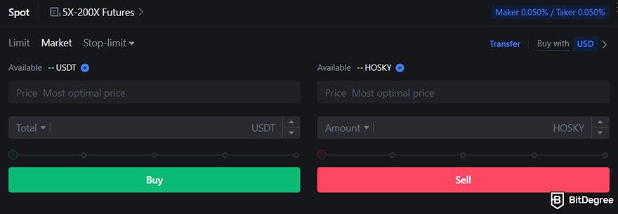 How to buy Hosky: the section for buying or selling tokens on MEXC spot trading platform.