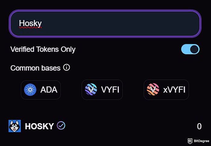 How to buy Hosky: the search result for Hosky on VyFinance DEX trading interface.