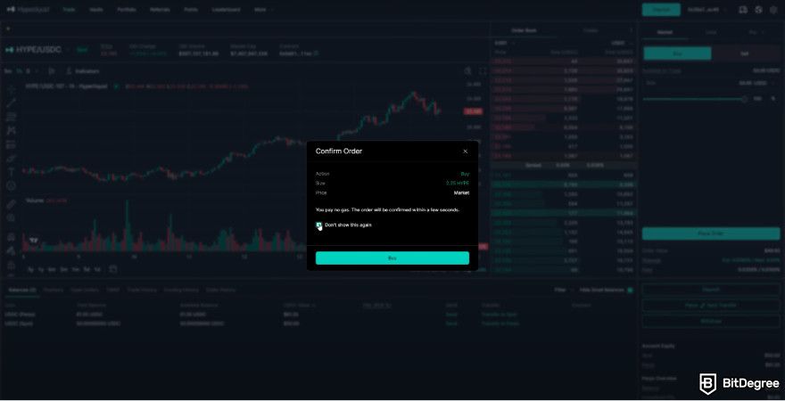 How to buy Hyperliquid: a screenshot of Hyperliquid's order confirmation pop-up.