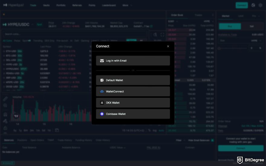 How to buy Hyperliquid: a screenshot of Hyperliquid's wallet selection screen.