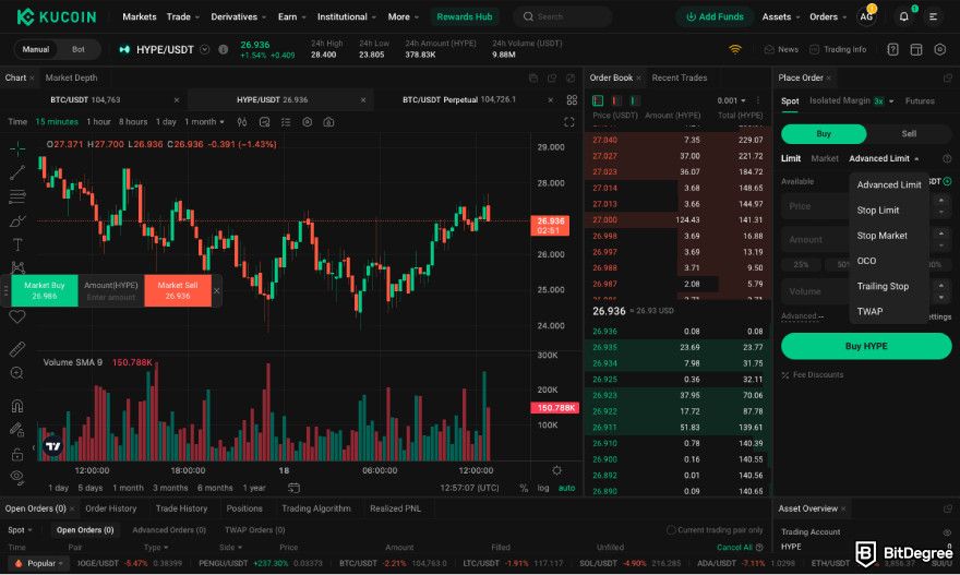 How to buy Hyperliquid: a screenshot of Kucoin's spot trading order placement.