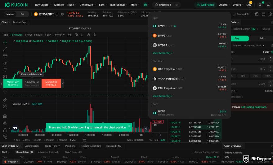 How to buy Hyperliquid: a screenshot of Kucoin's spot trading interface.