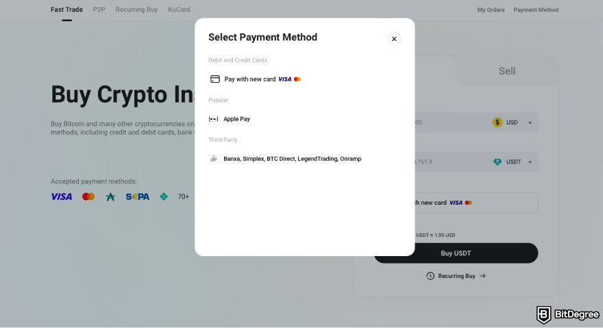 How to buy Hyperliquid: a screenshot of Kucoin's payment selection for Fast Trades.