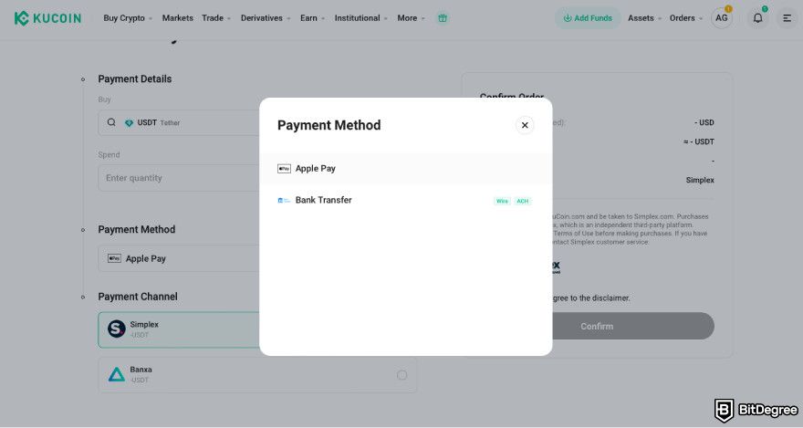 How to buy Hyperliquid: a screenshot of Kucoin's third-party payment method selection.