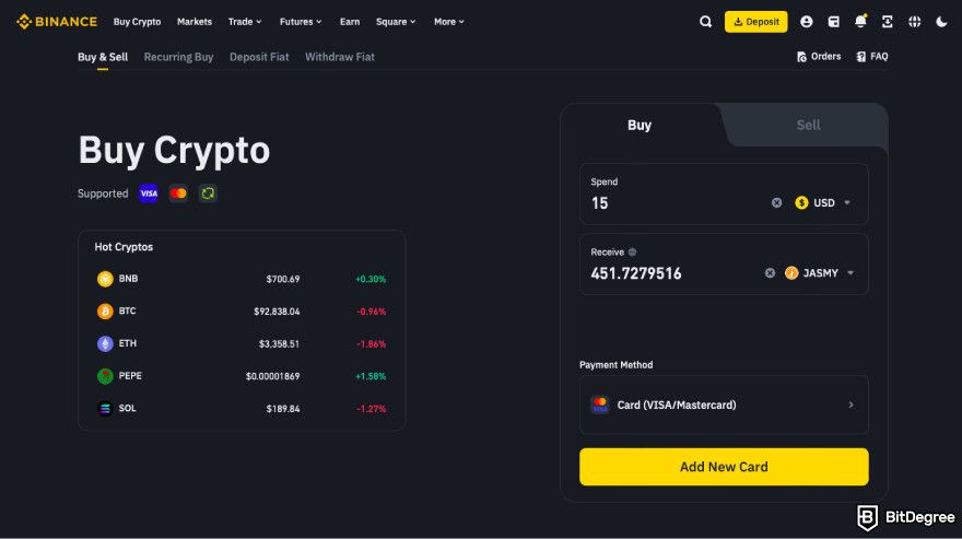 How to buy JasmyCoin: add new card.